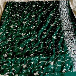 Deep Green and Silver full work Chiffon Sari